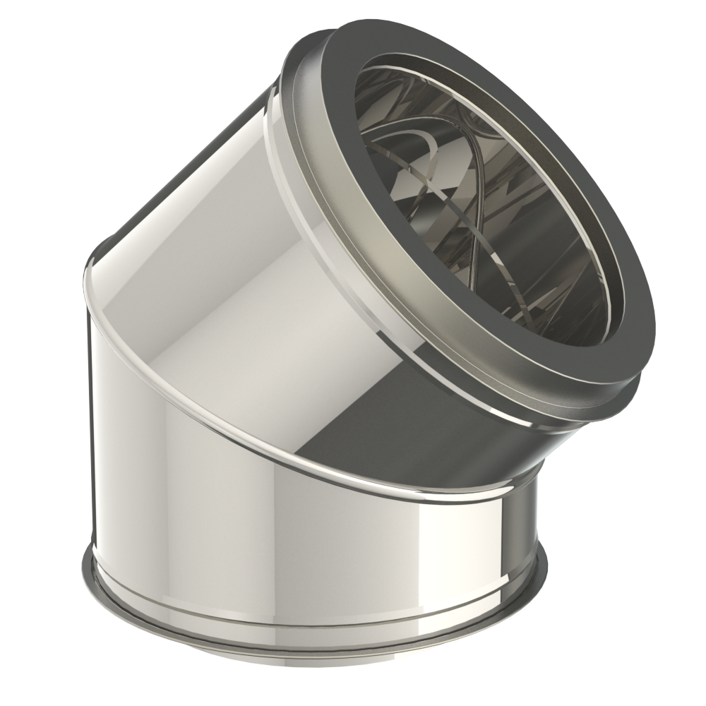 Dubbelwandige bocht INOX / RVS diameter 200/250mm, hoek is 45 graden.